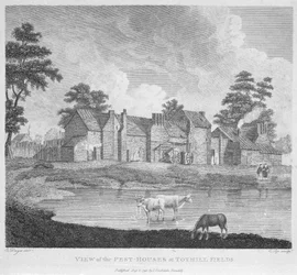 Udsigt over Pest-husene ved Tothill Fields indgraveret af Charles Pye, 1796